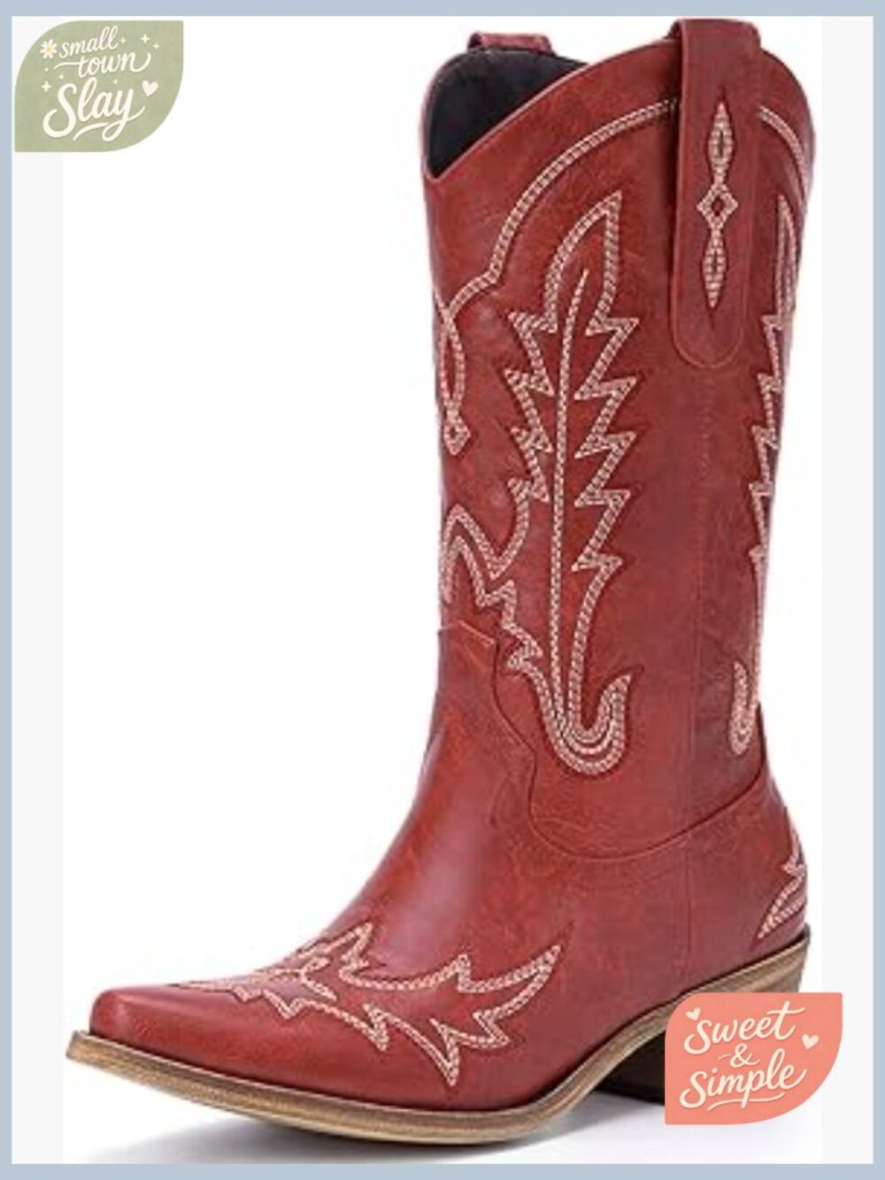 Vintage Western Cowboy Boots - Embroidered Chunky Heel Pointed Toe Pull-On Mid